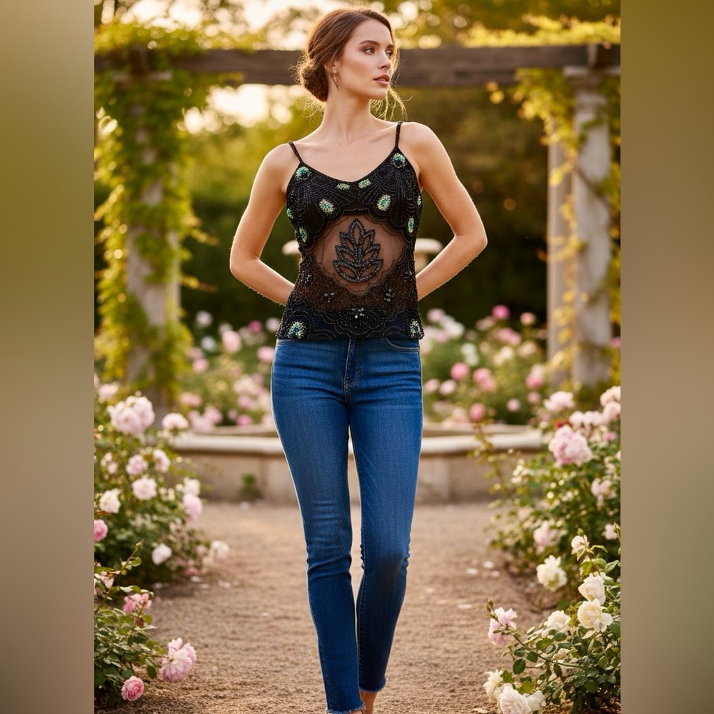 Black hand Beaded Sheer peacock top - Picture 2 of 4